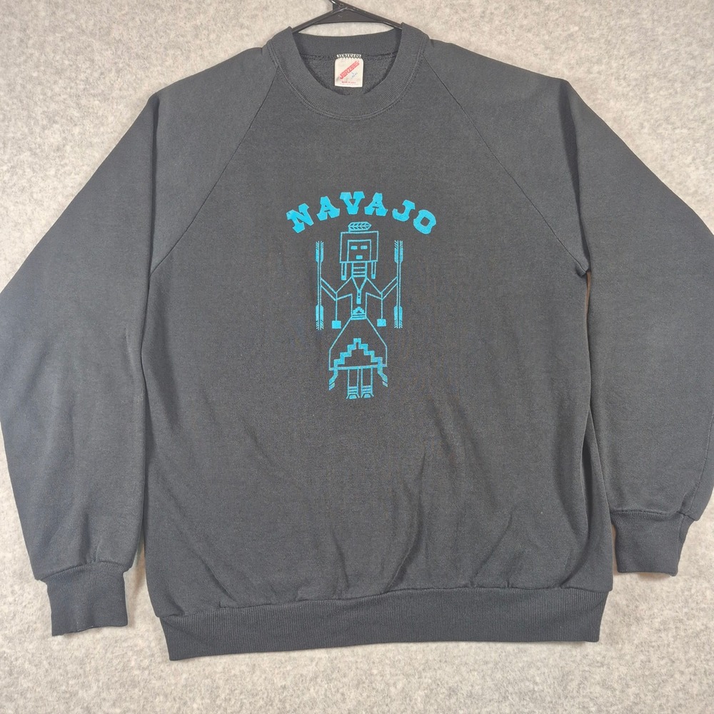 Vintage Jerzees Sweatshirt Mens L Black Navajo Graphic Made in USA Pullover
